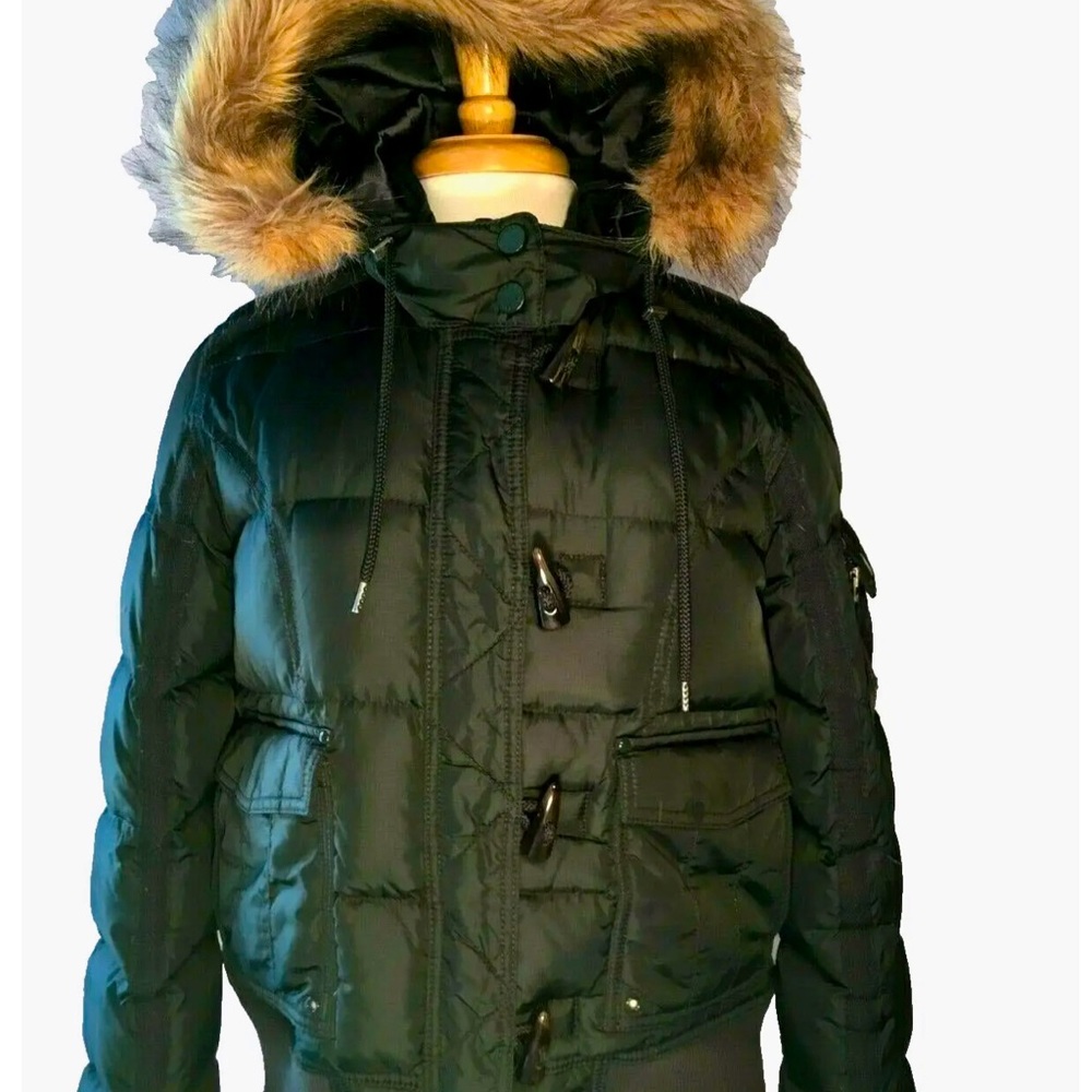 Tommy Hilfiger Women Size Large Down Puffer Jacket Green Faux Fur Trim Hood